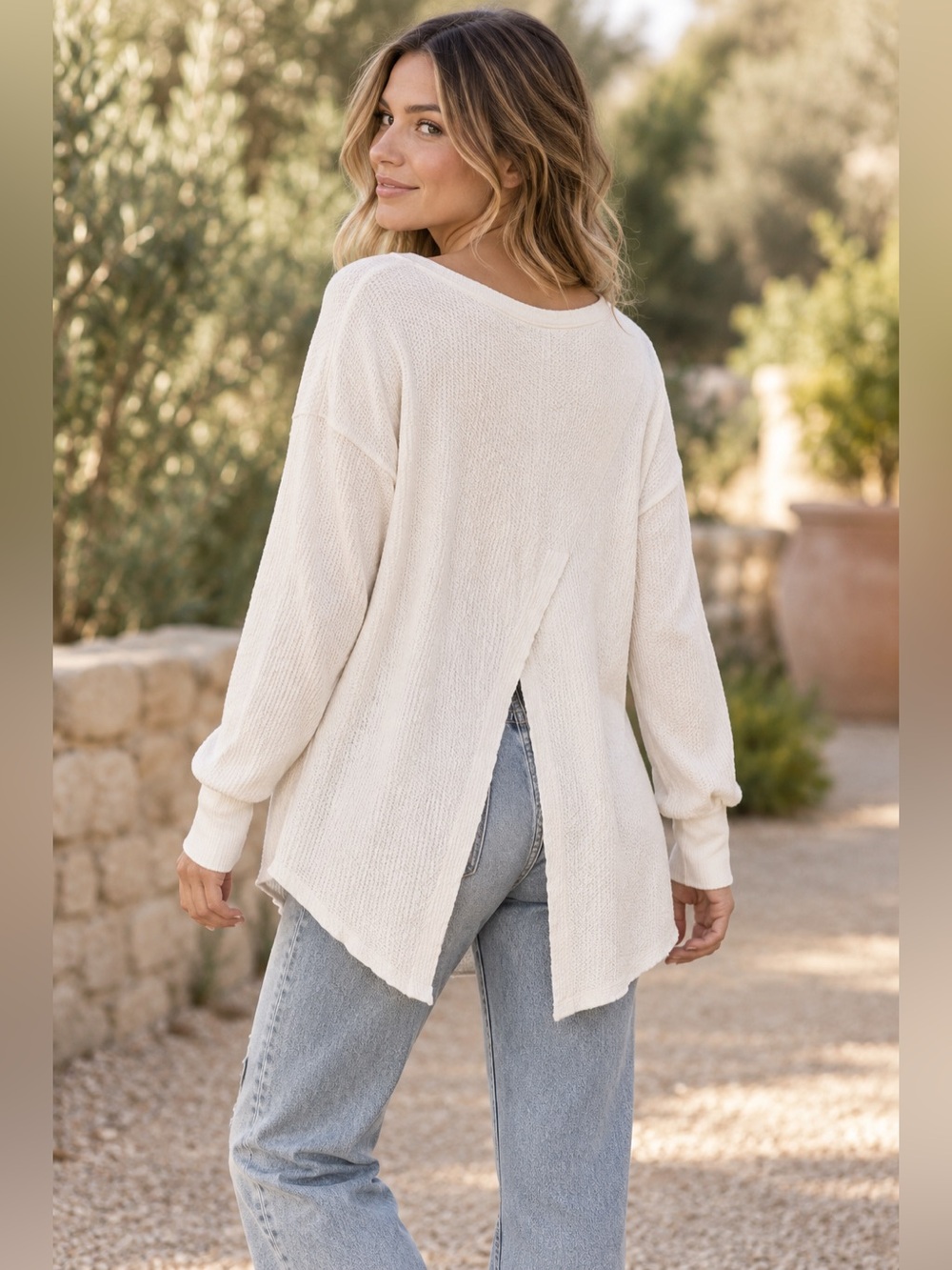 Free People We The Free Ivory Waffle Knit Split Back Thermal Top Small